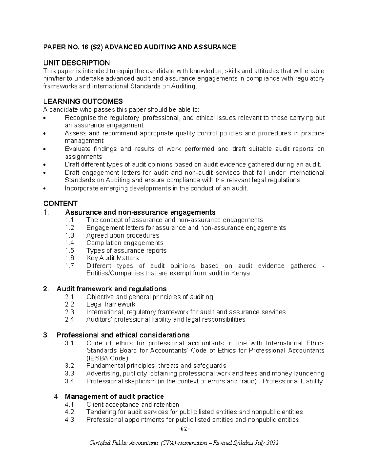 CPA Syllabus: Advanced Auditing & Assurance (Paper No. 16) - Studocu