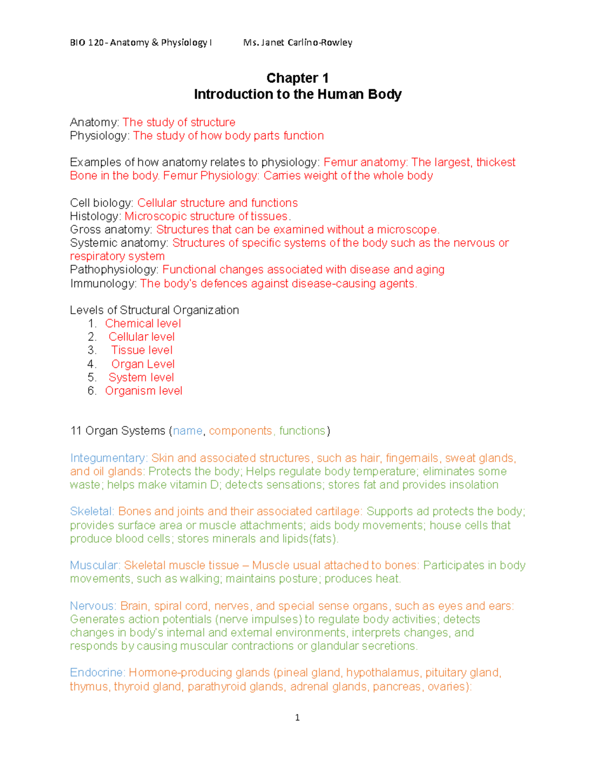 Notes Ch 1 - Janet Rowley - Chapter 1 Introduction to the Human Body ...