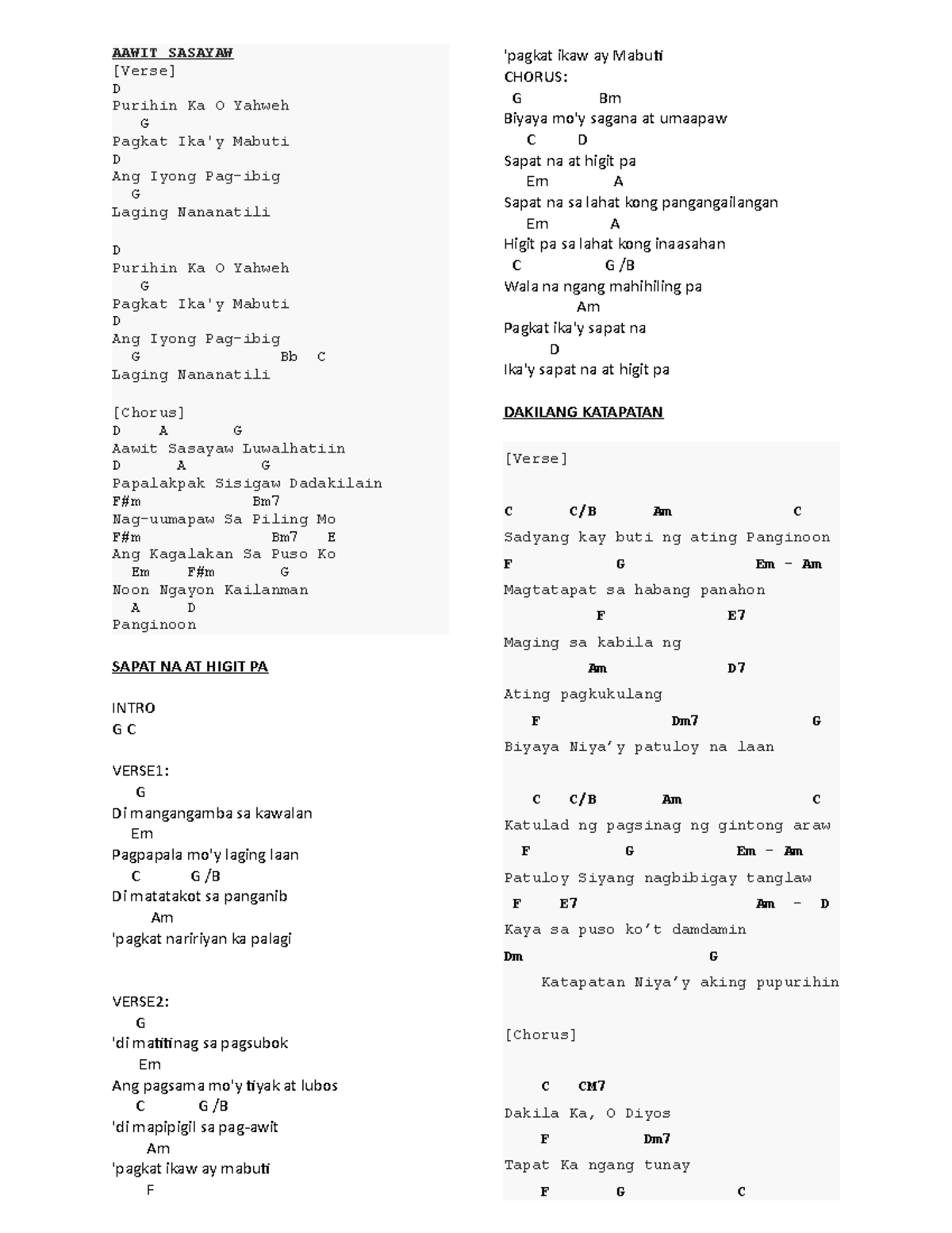 Aawit Sasayaw - Lyrics and Chords for Worship Songs - Studocu