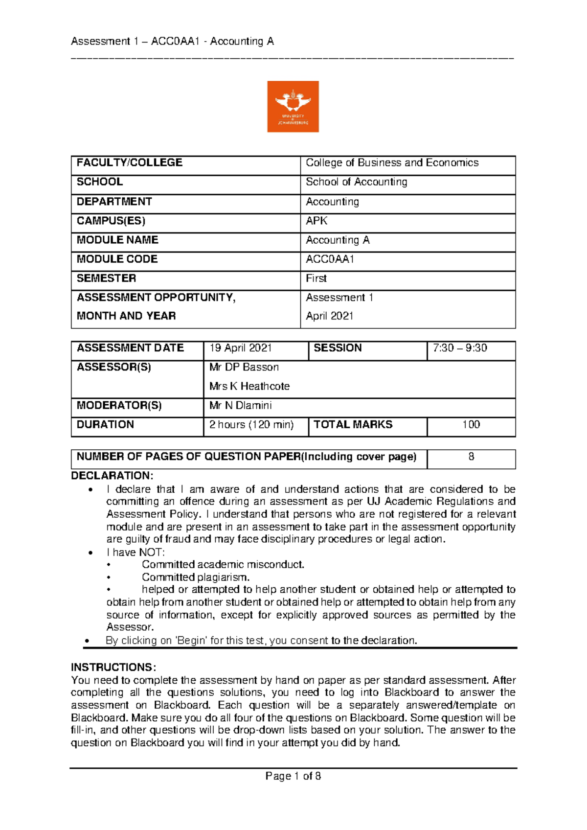 ACC A 2021 Assessment 1 Question paper - - Studocu
