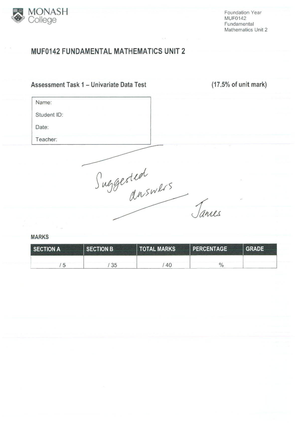 MUF0142 Fundamental Mathematics Unit 2 Assessment Task 1 Answers - Studocu