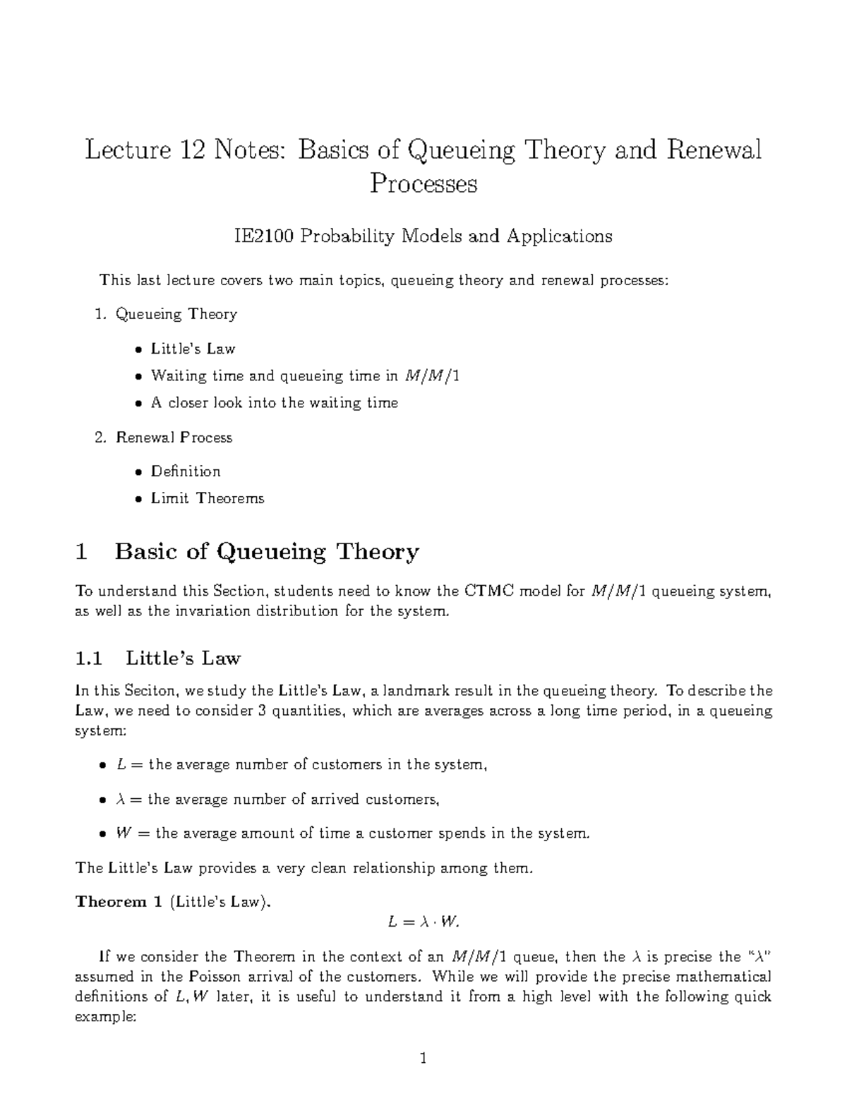 L12 notes - Lecture 12 Notes: Basics of Queueing Theory and Renewal ...