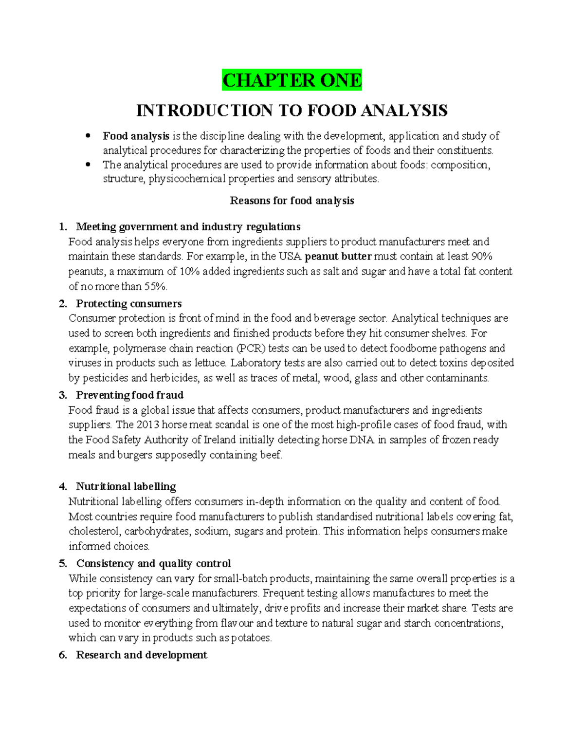 FA Notes - CHAPTER ONE INTRODUCTION TO FOOD ANALYSIS Food analysis is ...