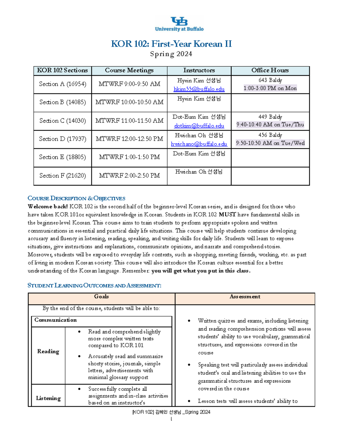 KOR 102: Korean II Spring 2024 Syllabus and Course Overview - Studocu