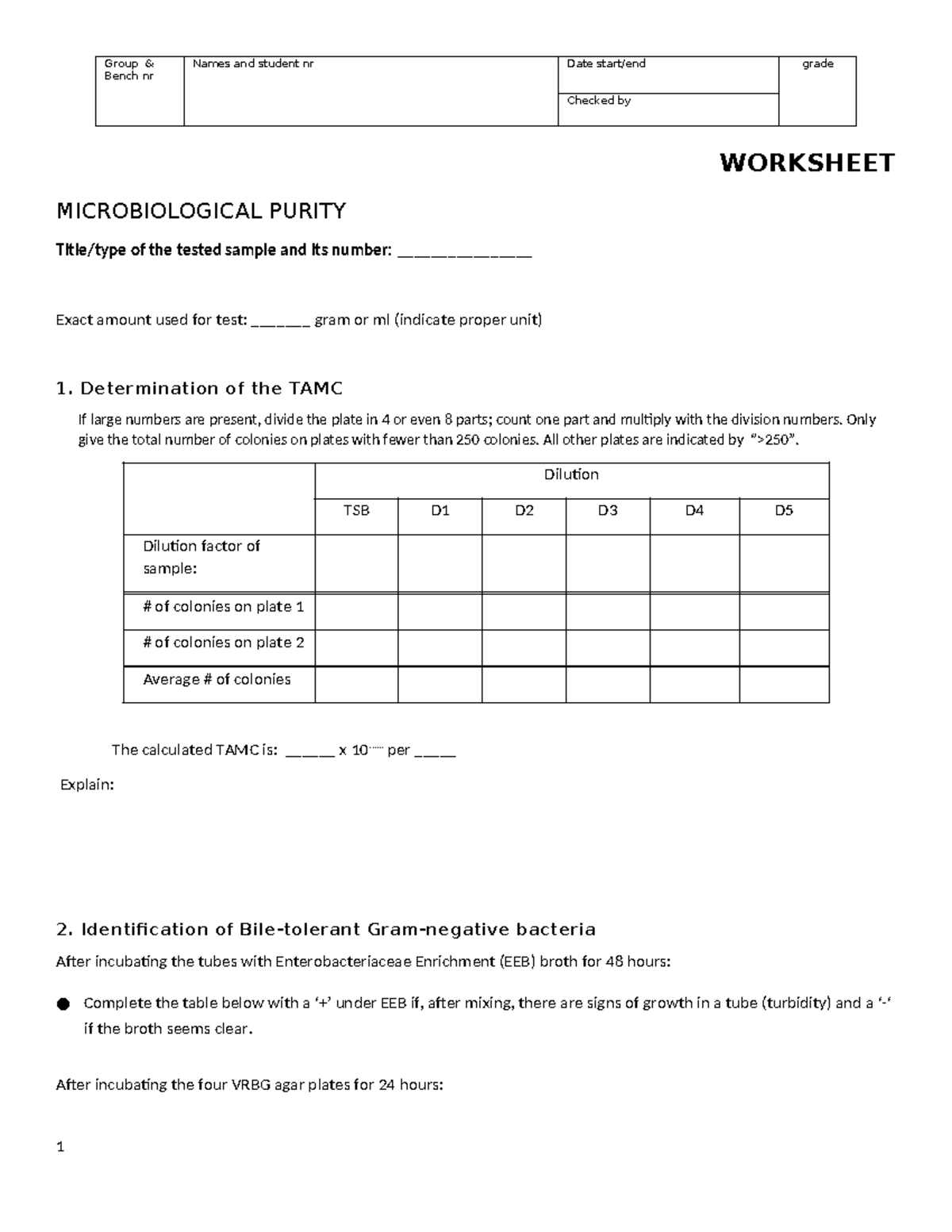 Worksheet: Microbiological Purity Testing (MIC 25-26) - Studeersnel