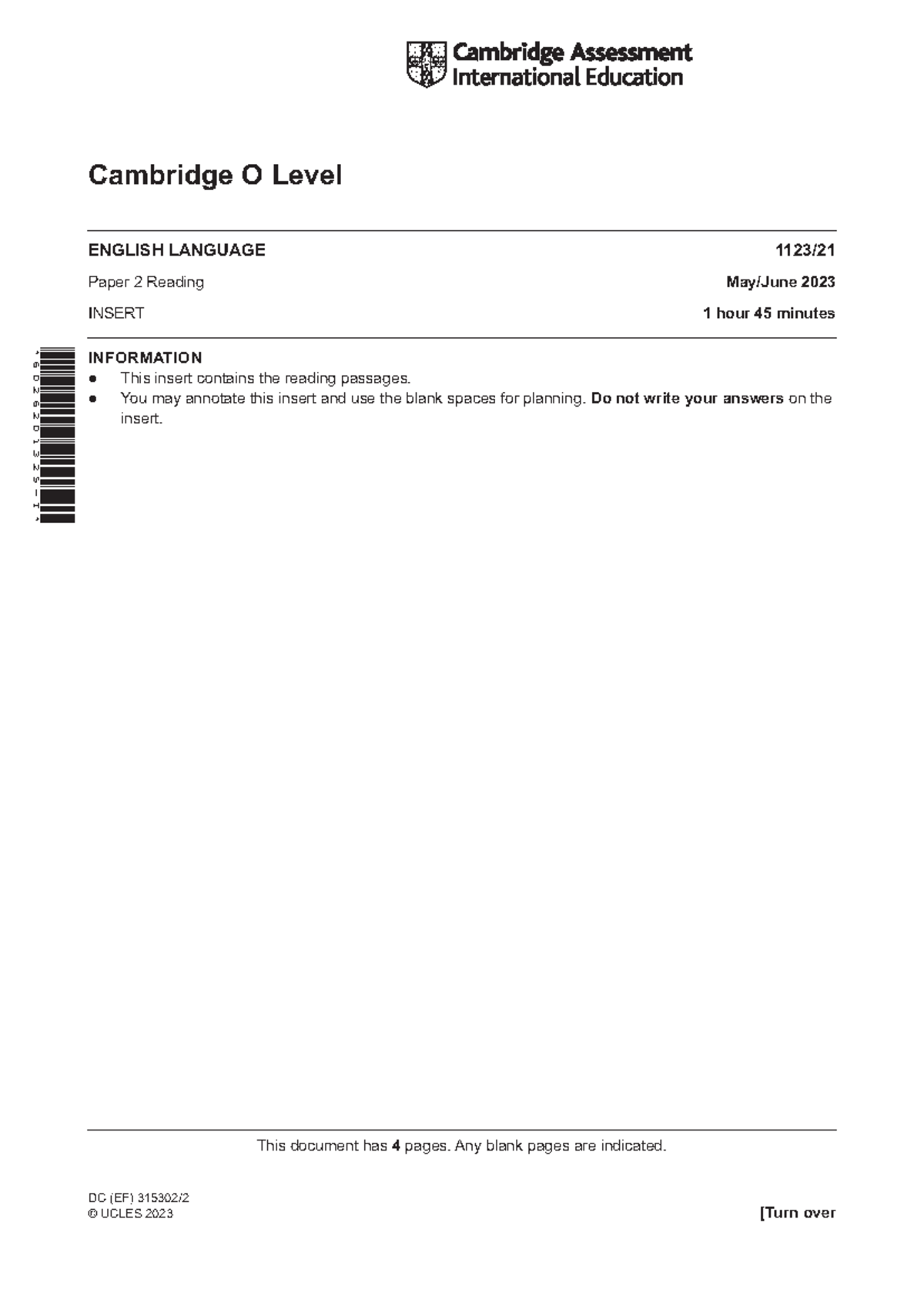 Cambridge O Level English 1123/21 Reading Insert May/June 2023 - Studocu