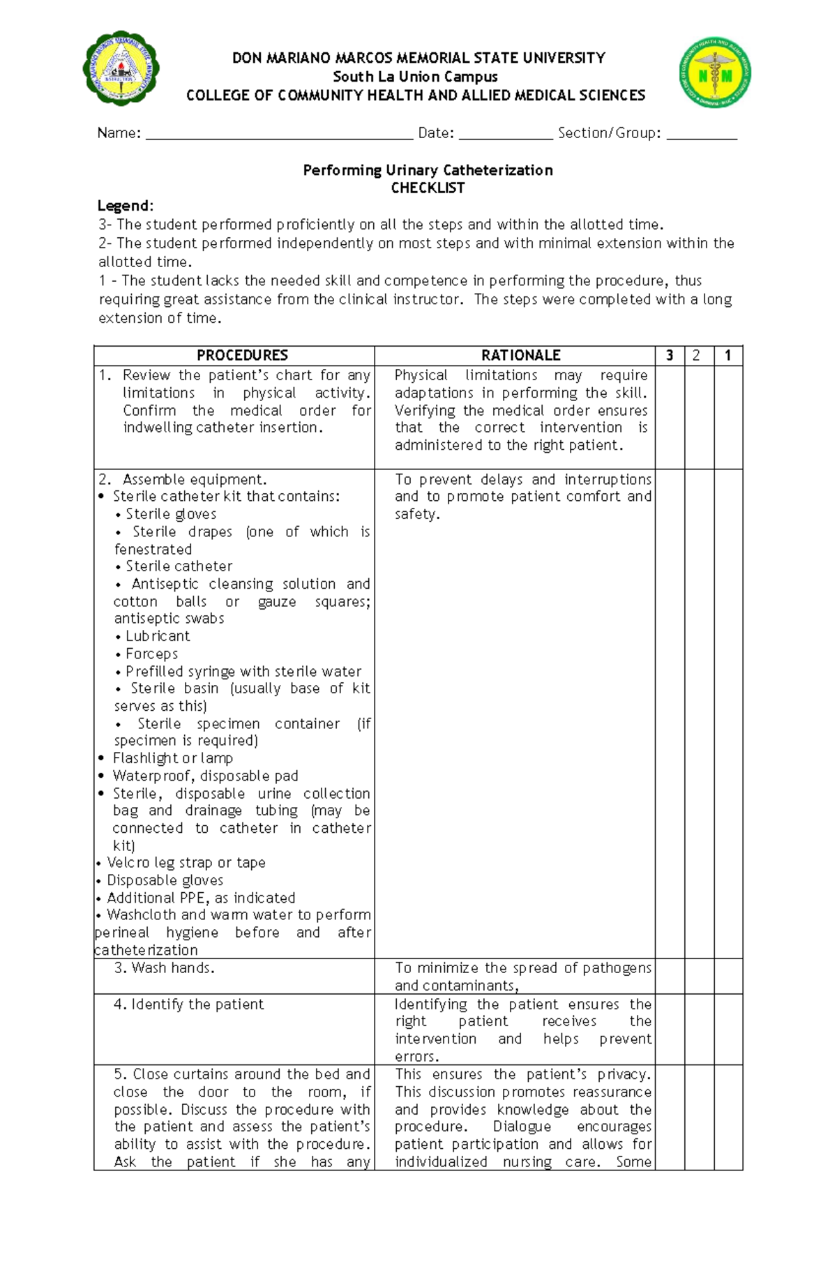 Urinary Catheterization Procedure Checklist - CCHAMS 101 - Studocu