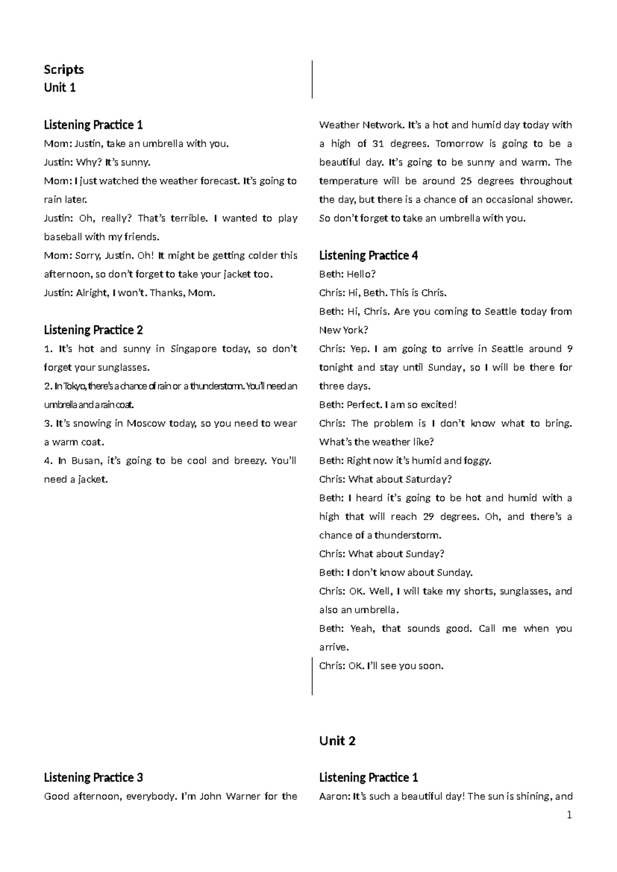 Scripts Unit 1 Listening Practice 1: Weather Network Insights - Studocu