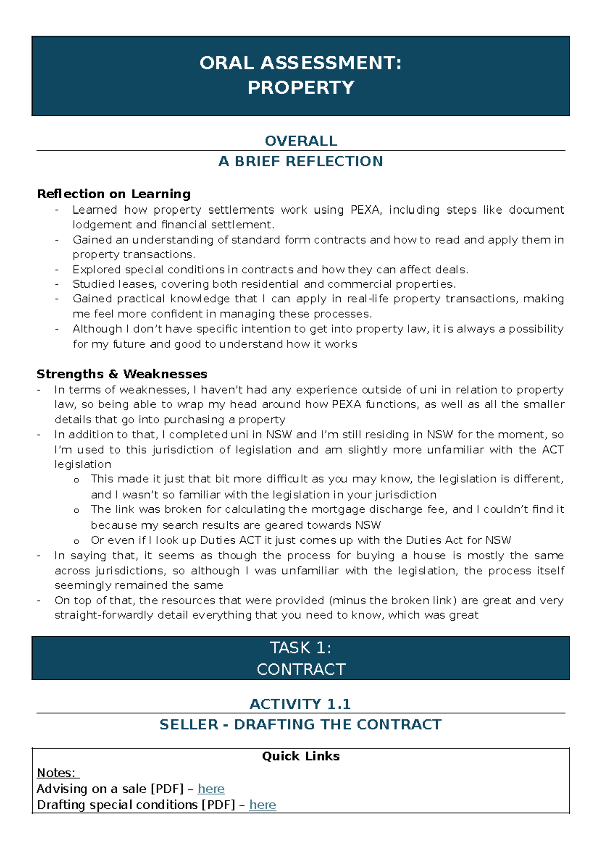 ORAL ASSESSMENT NOTES: PROPERTY LAW REFLECTION (LAW101) - Studocu