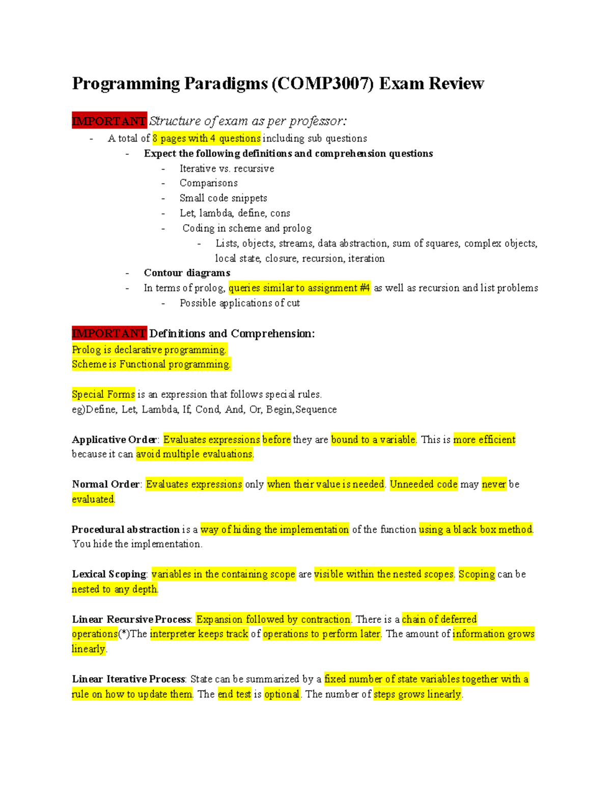 **Programming Paradigms Exam Review for COMP 3007: Key Concepts and ...