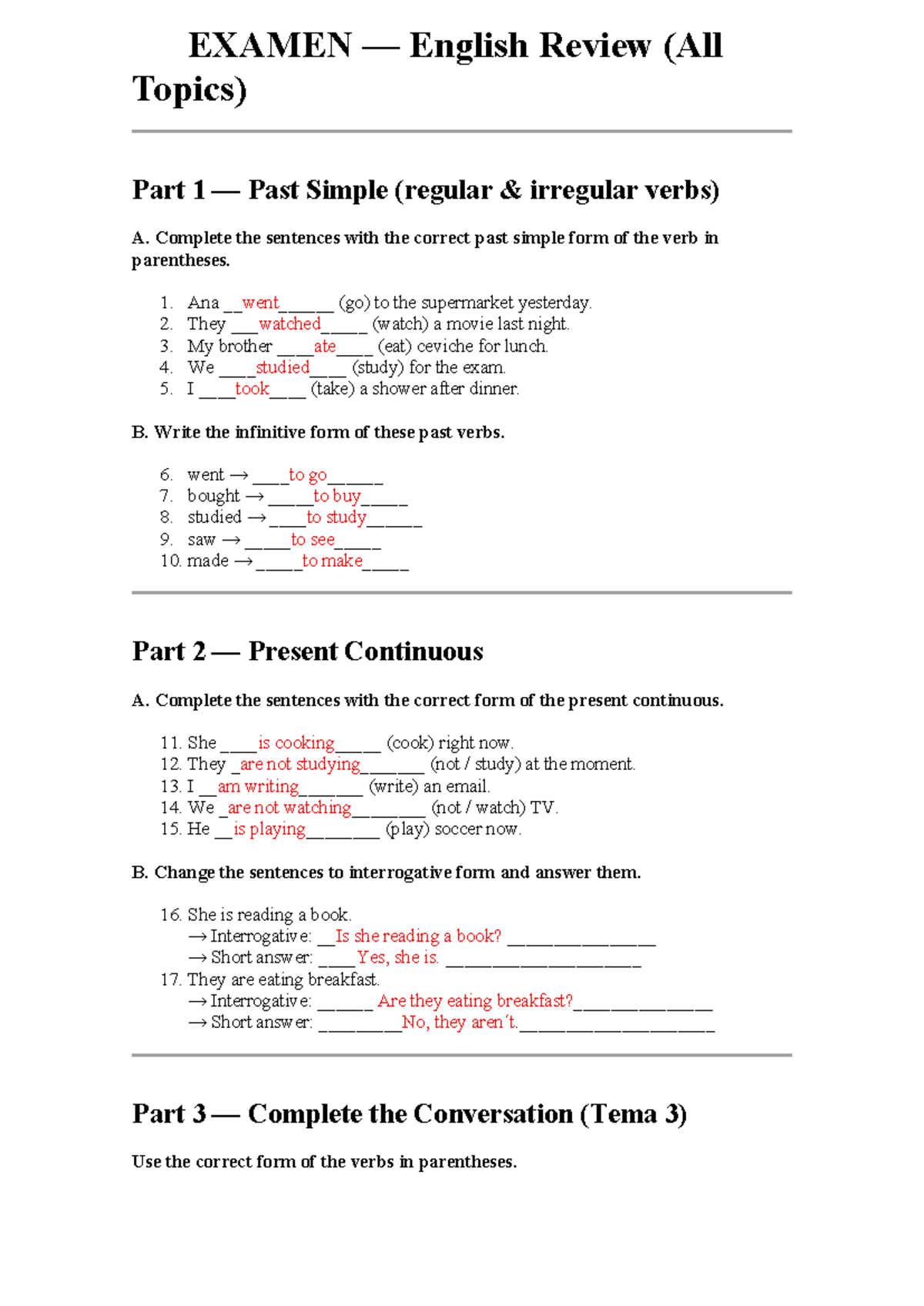 ENG 101 Final Exam Review: Past Simple & Present Continuous - Studocu