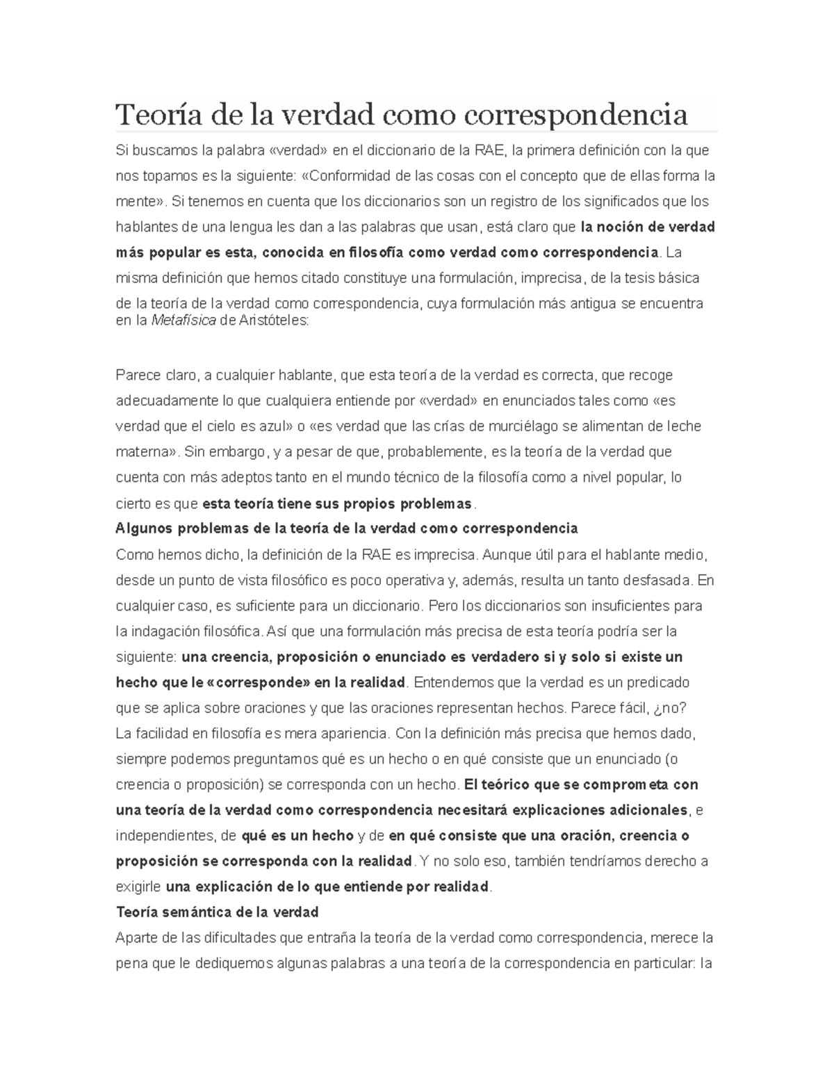Filosofia-Teoría de la verdad como correspondencia - Teoría de la ...