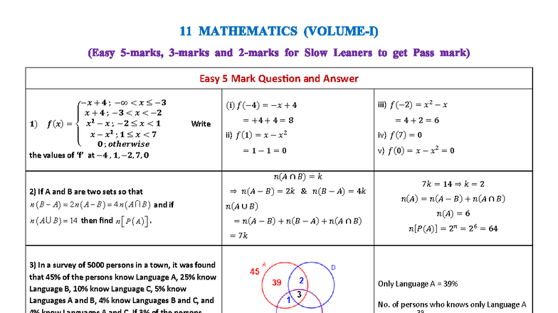 11 MATHEMATICS (V1) Easy Questions & Answers for Slow Learners - Studocu