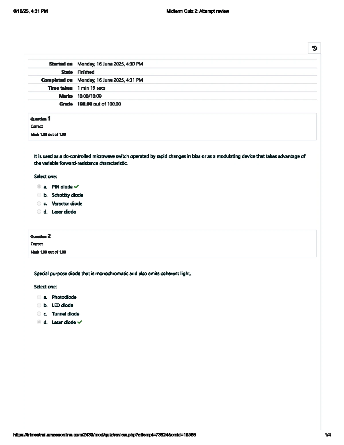 Electronics 1: Final Lab Quiz 1 Attempt Review and Answers - Studocu