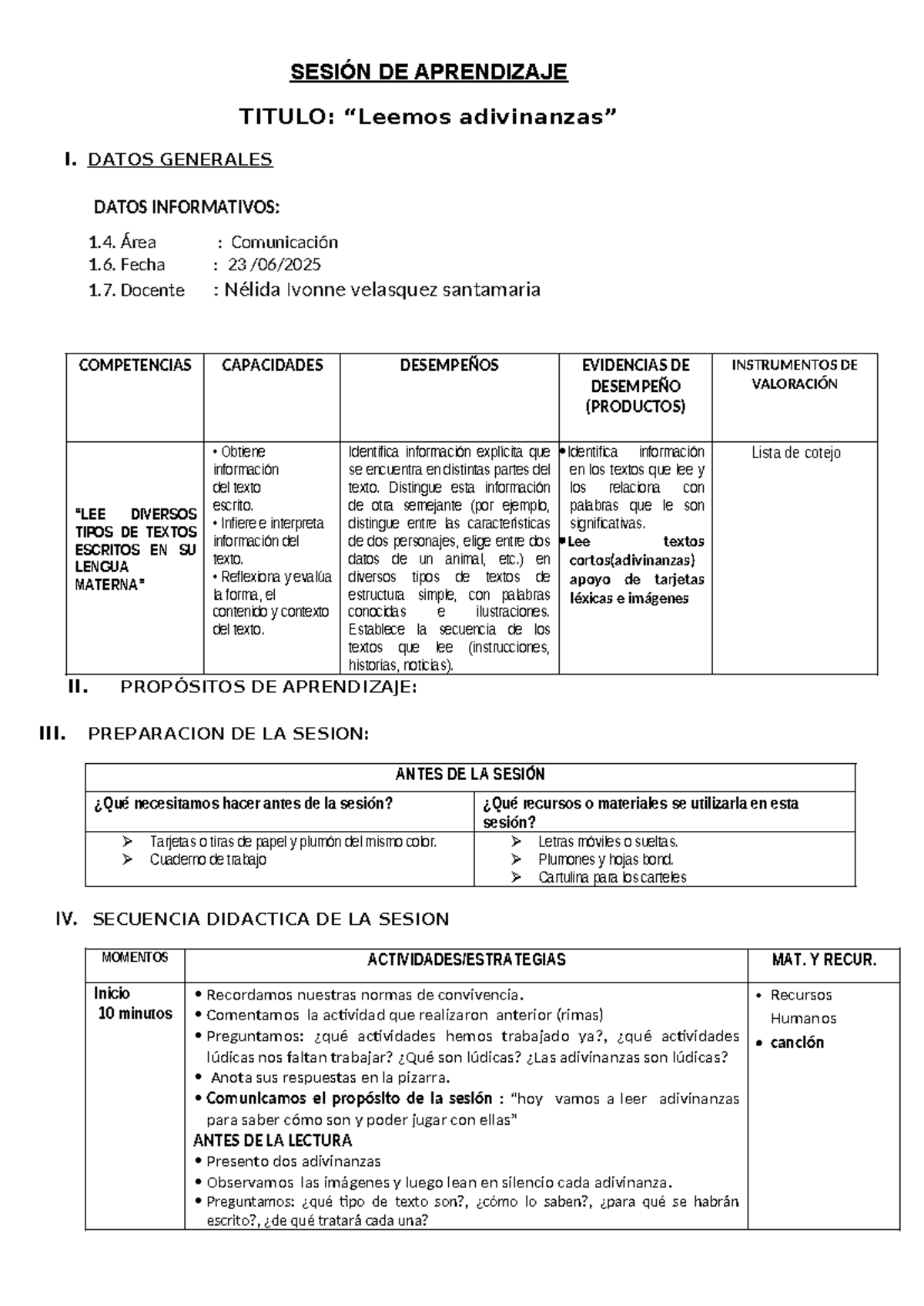 SESION DE APRENDIZAJE: LEEMOS ADIVINANZAS - COMUNICACIÓN - Studocu