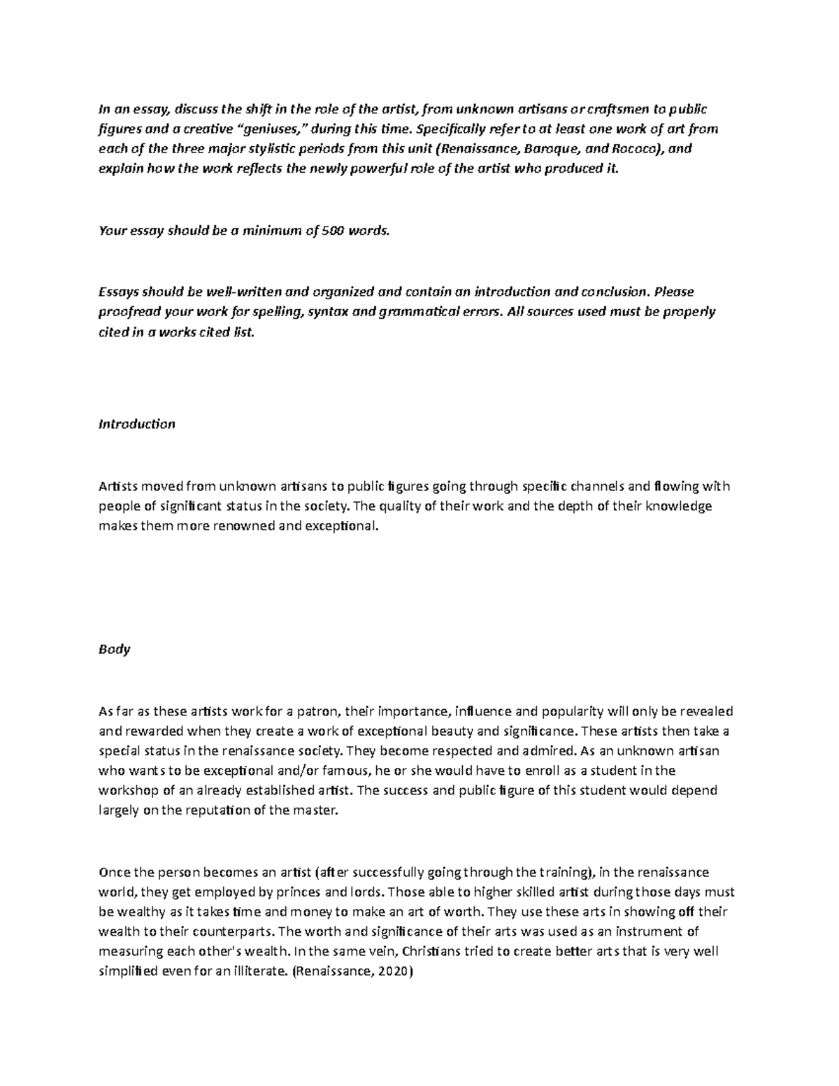 AHIST 1401 W.A. Essay on the Artist's Role: Renaissance to Rococo - Studocu