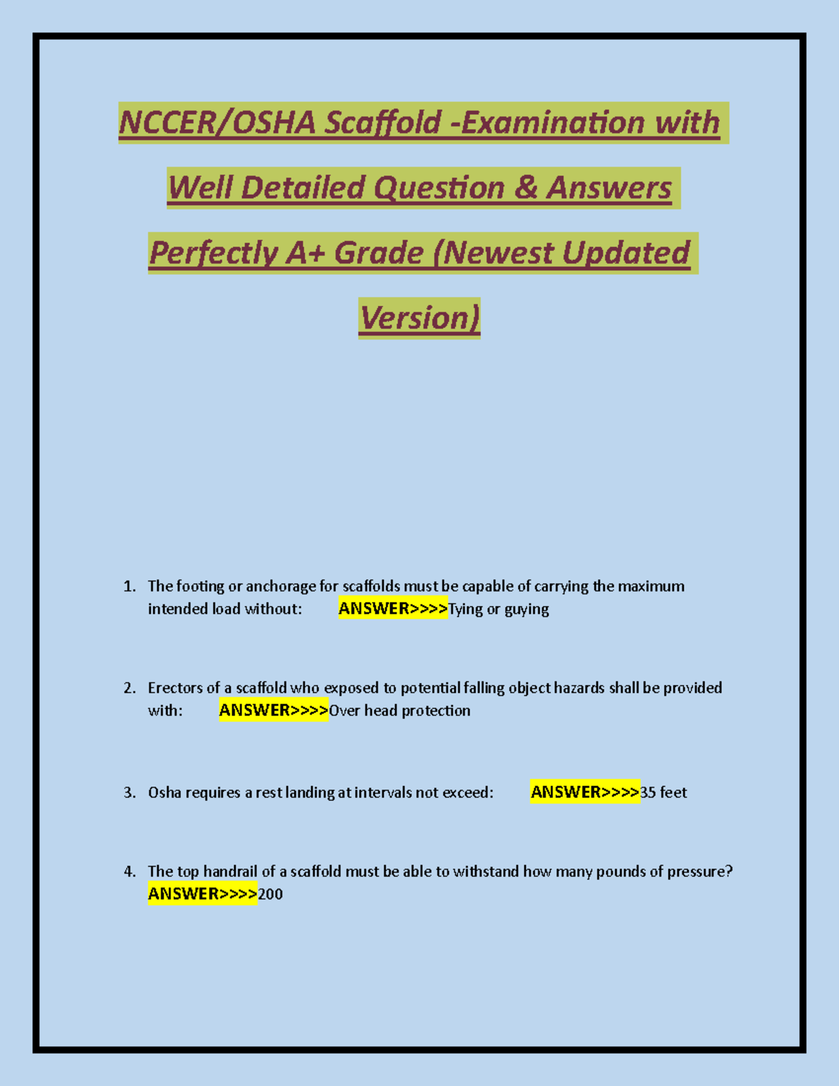 NCCER OSHA Scaffold Exam Q&A - A+ Grade Study Guide - Studocu