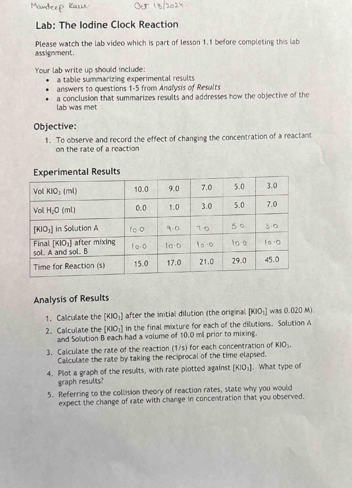 CHEM 12 Lab: Iodine Clock Reaction Summary and Analysis - Studocu