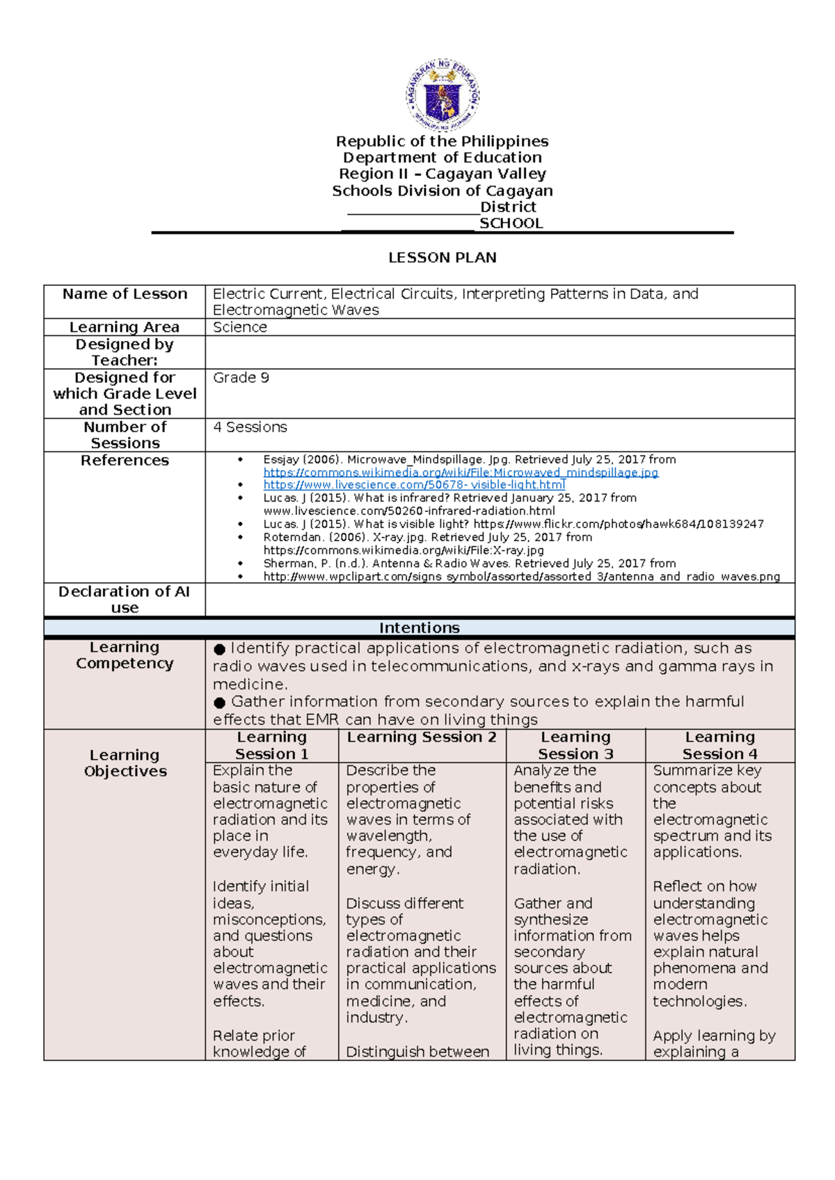 Science 10 Lesson Plan: Electromagnetic Waves & Applications - Studocu