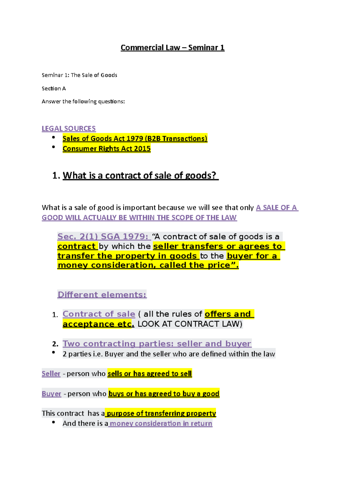 Commercial Law Seminar 1 - Commercial Law – Seminar 1 Seminar 1: The ...