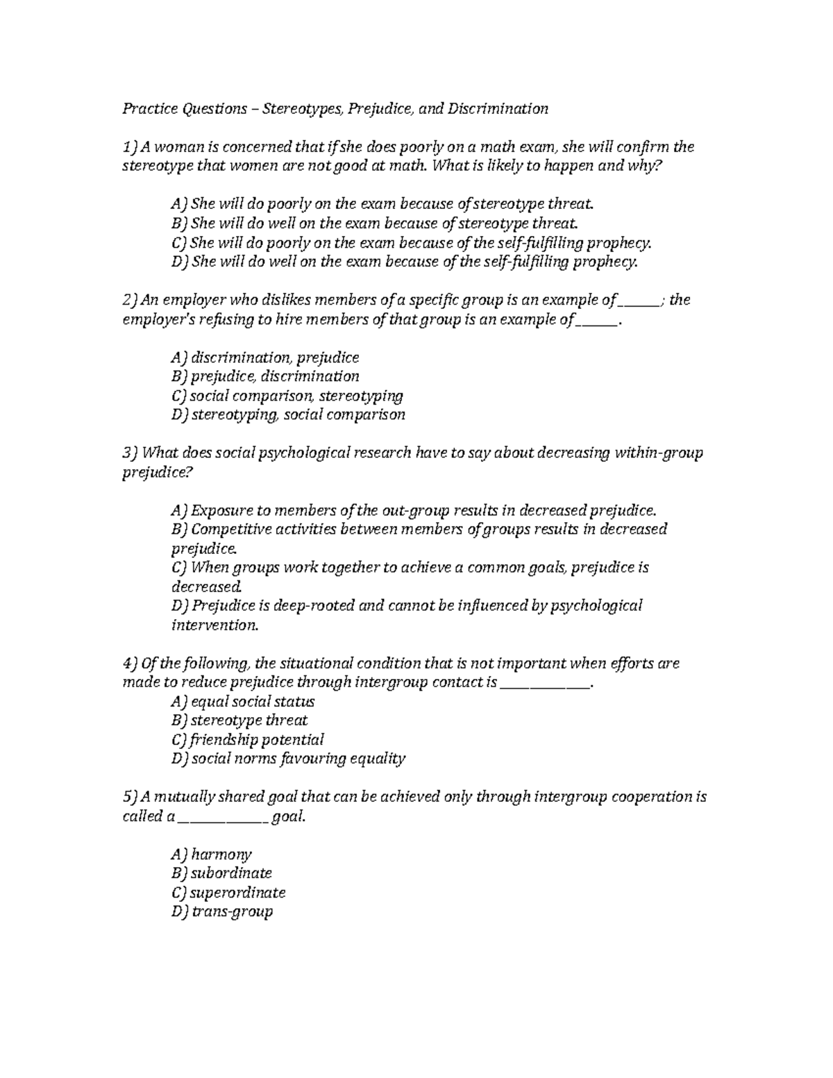 Practice Questions 'Stereotypes, Prejudice, and Discrimination ...