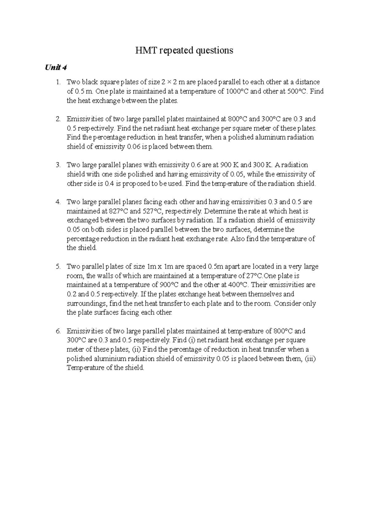 HMT Unit 4: Repeated Questions on Heat Exchange and Emissivity - Studocu