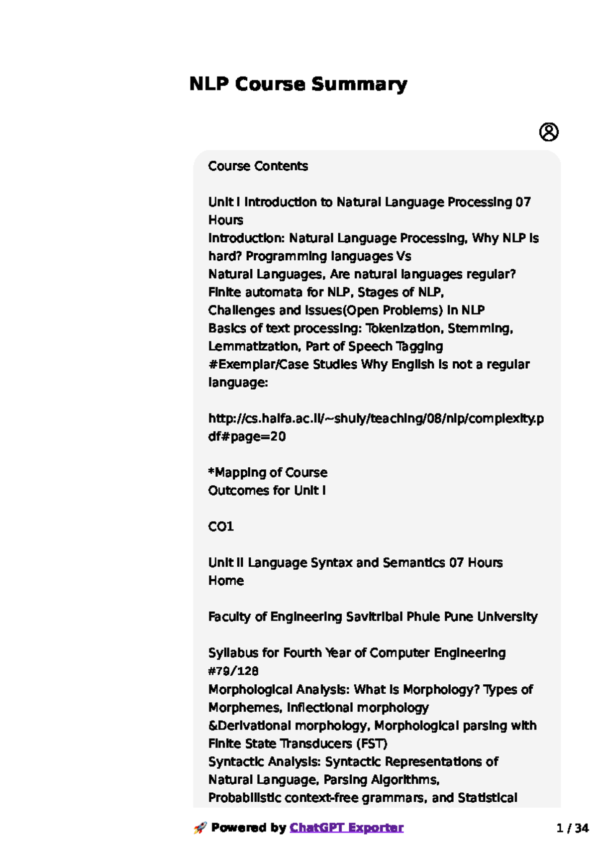 NLP Course Summary: Key Concepts and Outcomes for Final Year CE - Studocu