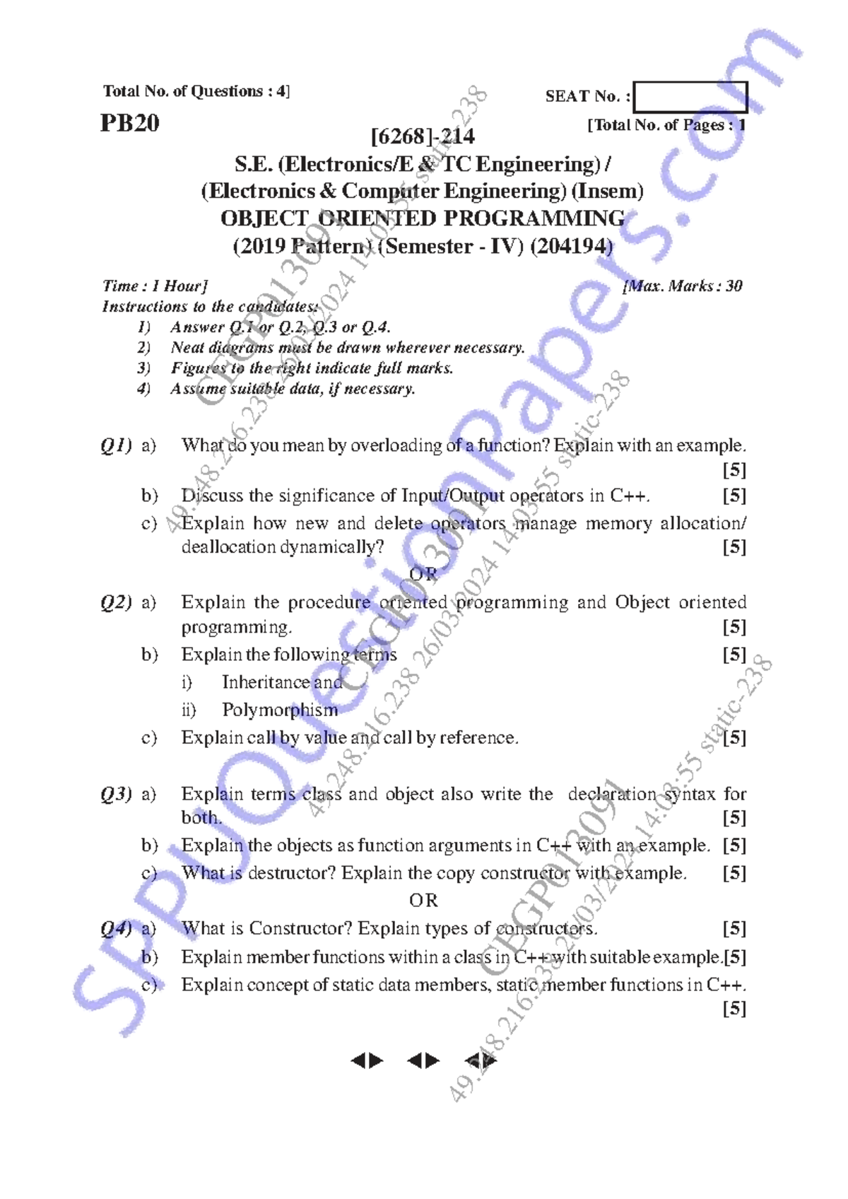 Electronics & Telecommunication Engineering (Semester IV) OOP Exam ...