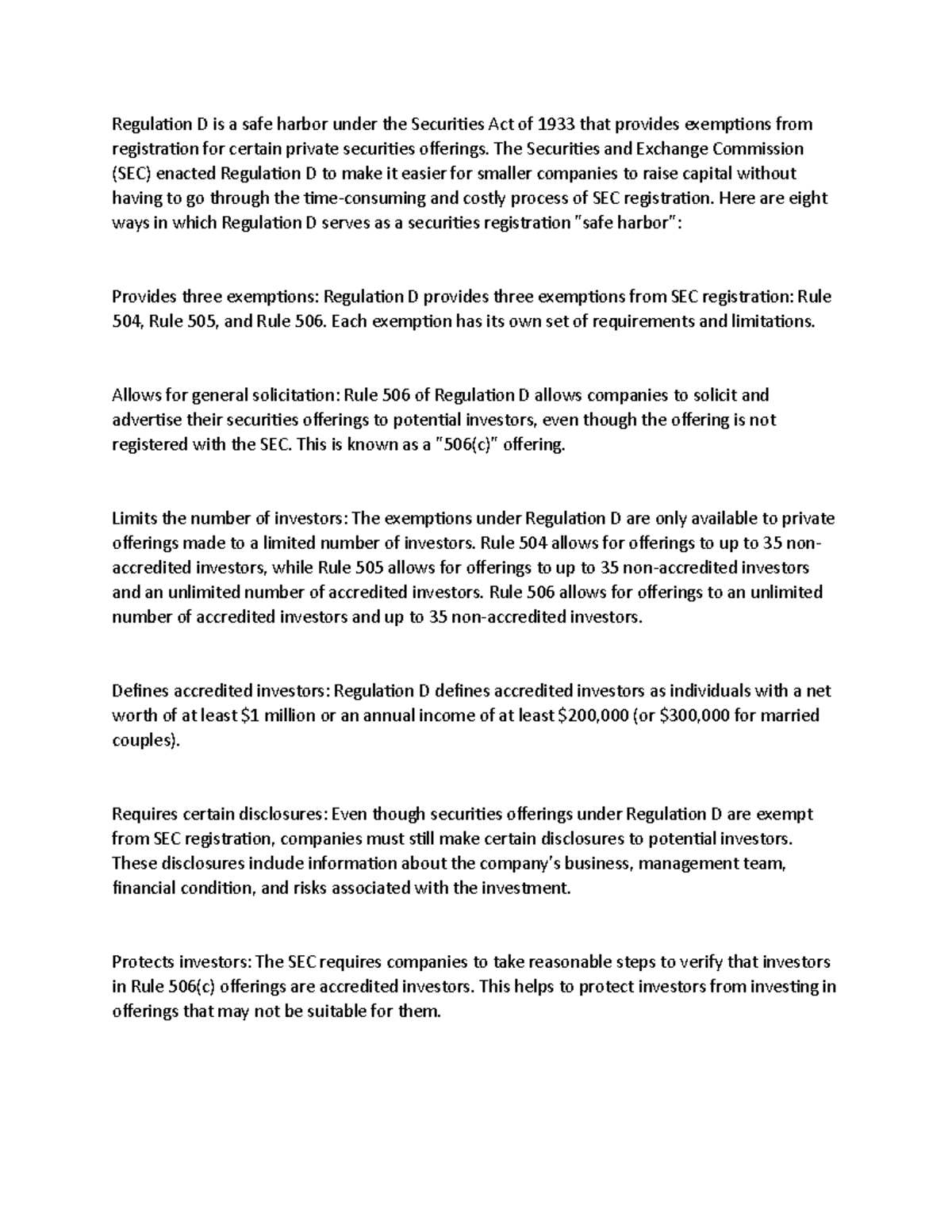Describe and discuss how the SEC’s Regulation D serves as a securities ...