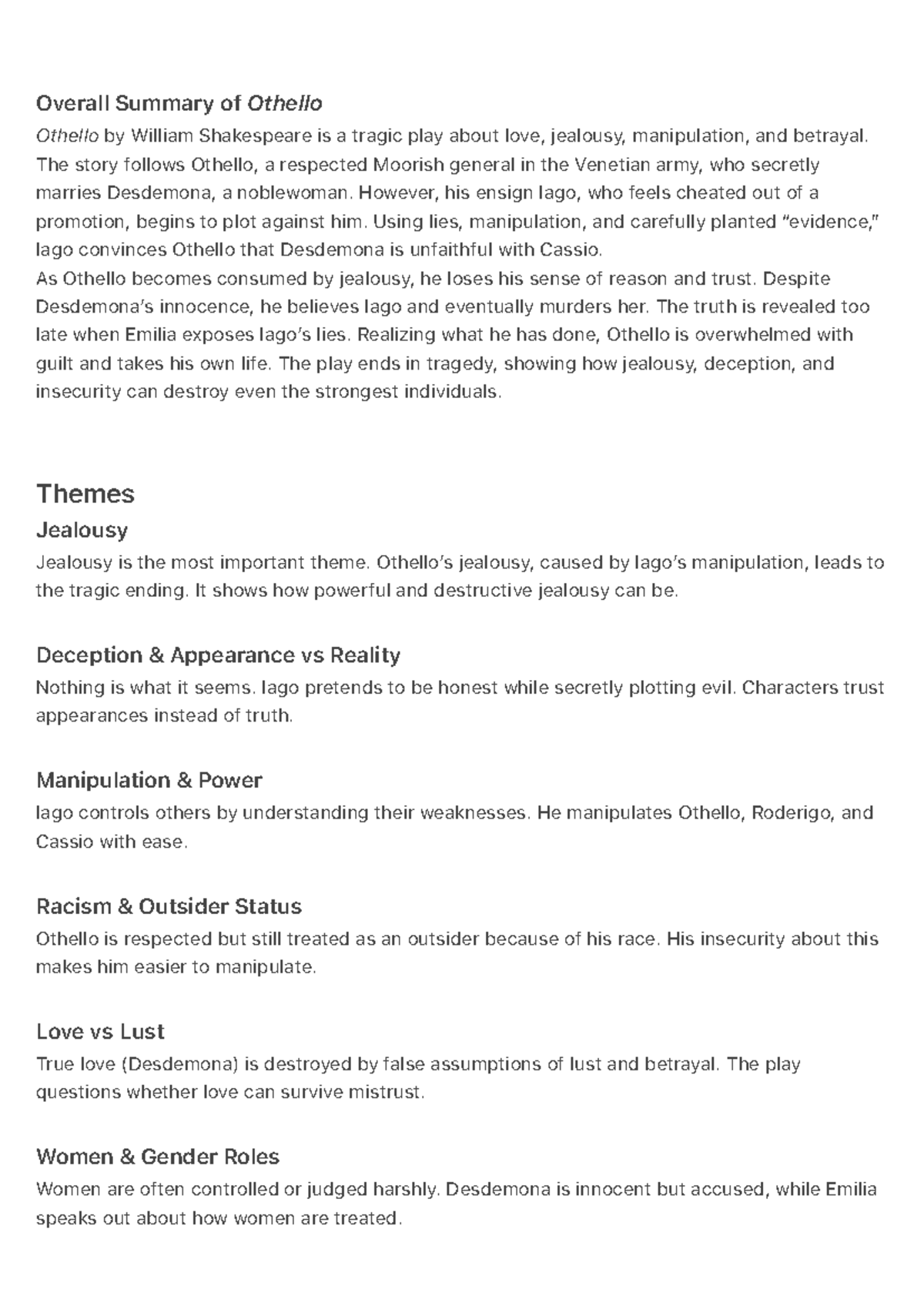 Othello (ENG 101) Final Exam Summary: Themes & Character Analysis - Studocu