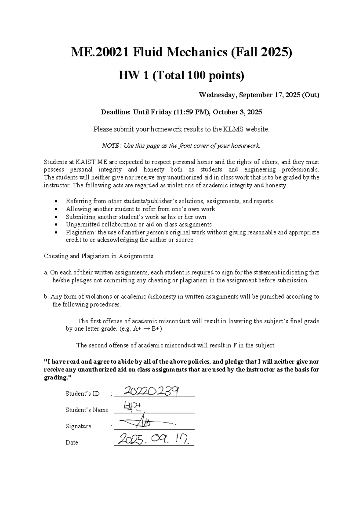ME.20021 Fluid Mechanics (Fall 2025) HW 1 Solutions and Guidelines ...