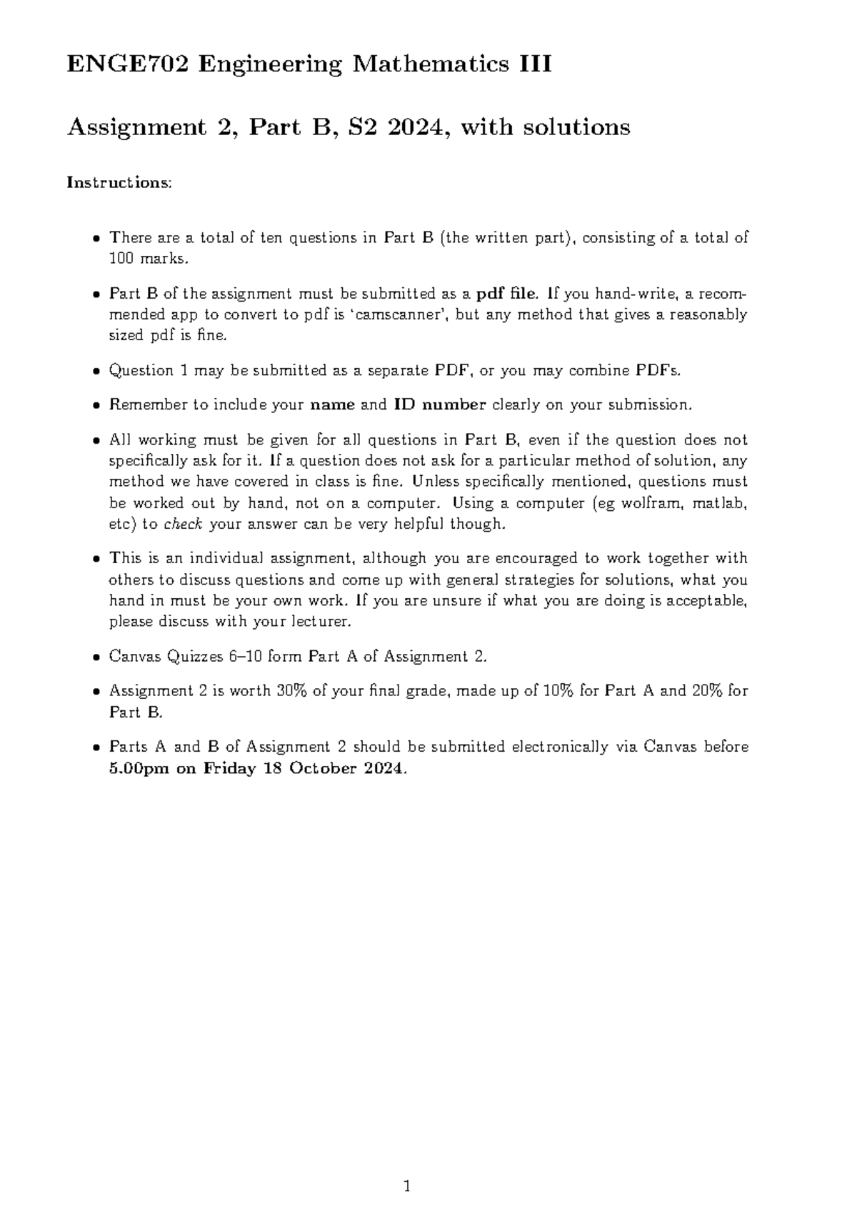 Assignment 2 Solutions for ENGE702 Engineering Mathematics S2 2024 ...