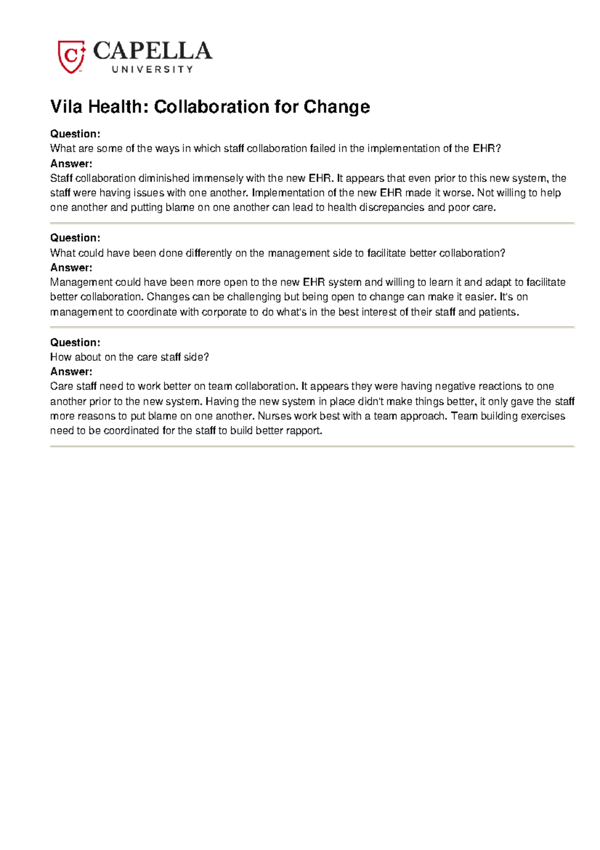 Vila Health: EHR Implementation & Staff Collaboration Issues - Studocu