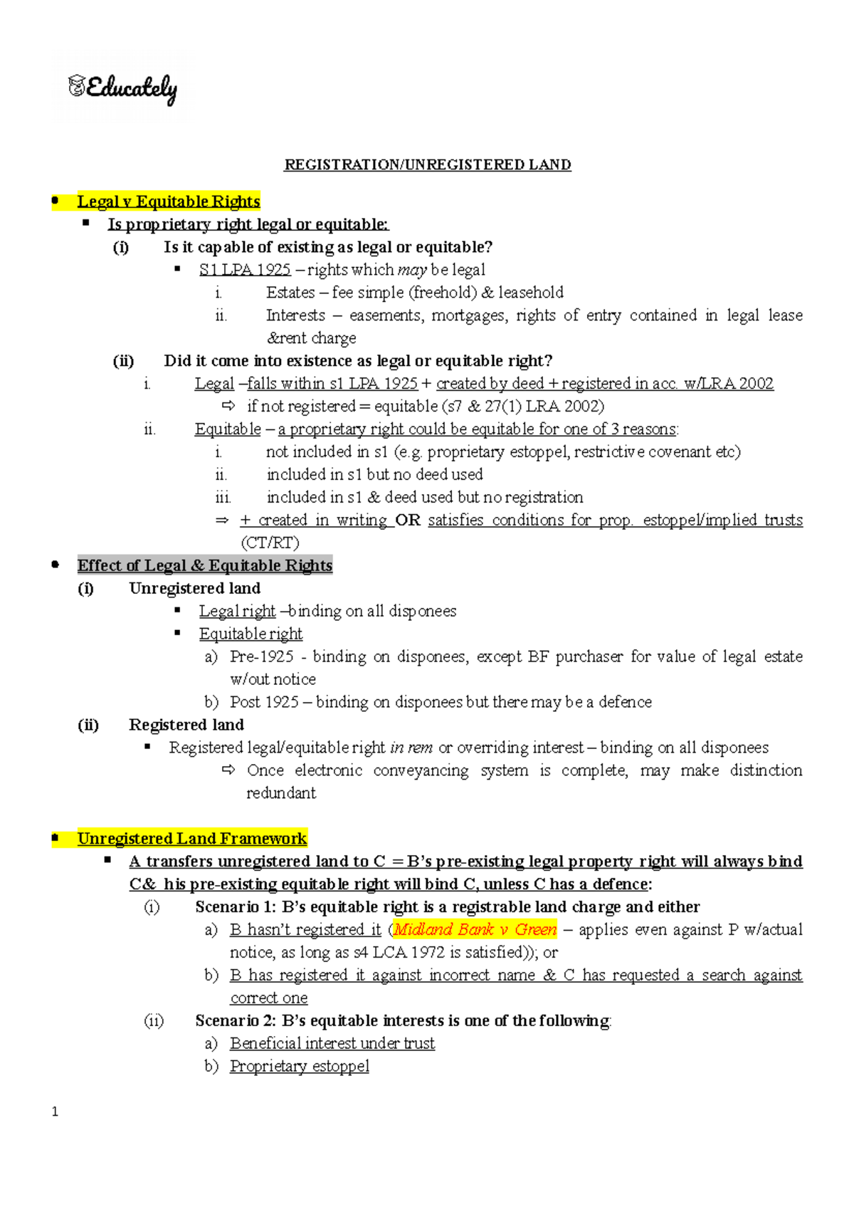 Registered and Unregistered Land: Legal vs Equitable Rights Analysis ...