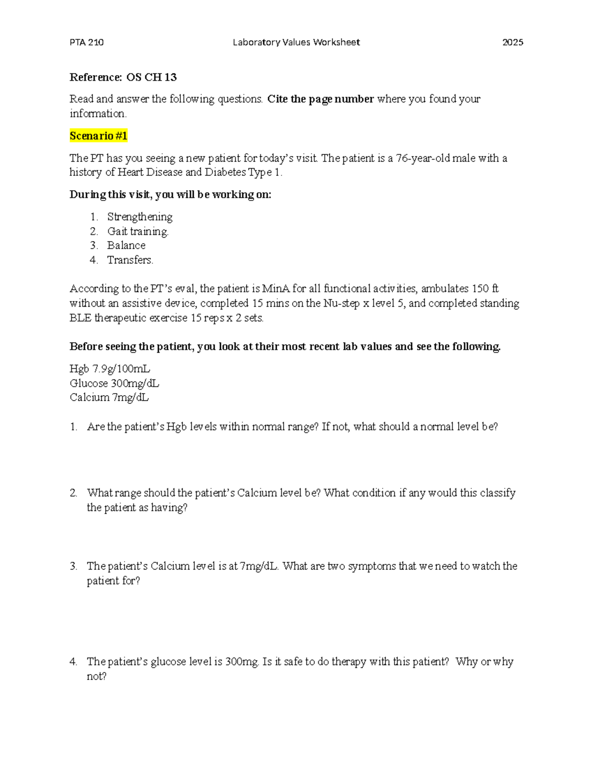 PTA 210 Lab Values Worksheet & Patient Evaluation Guide 2025 - Studocu