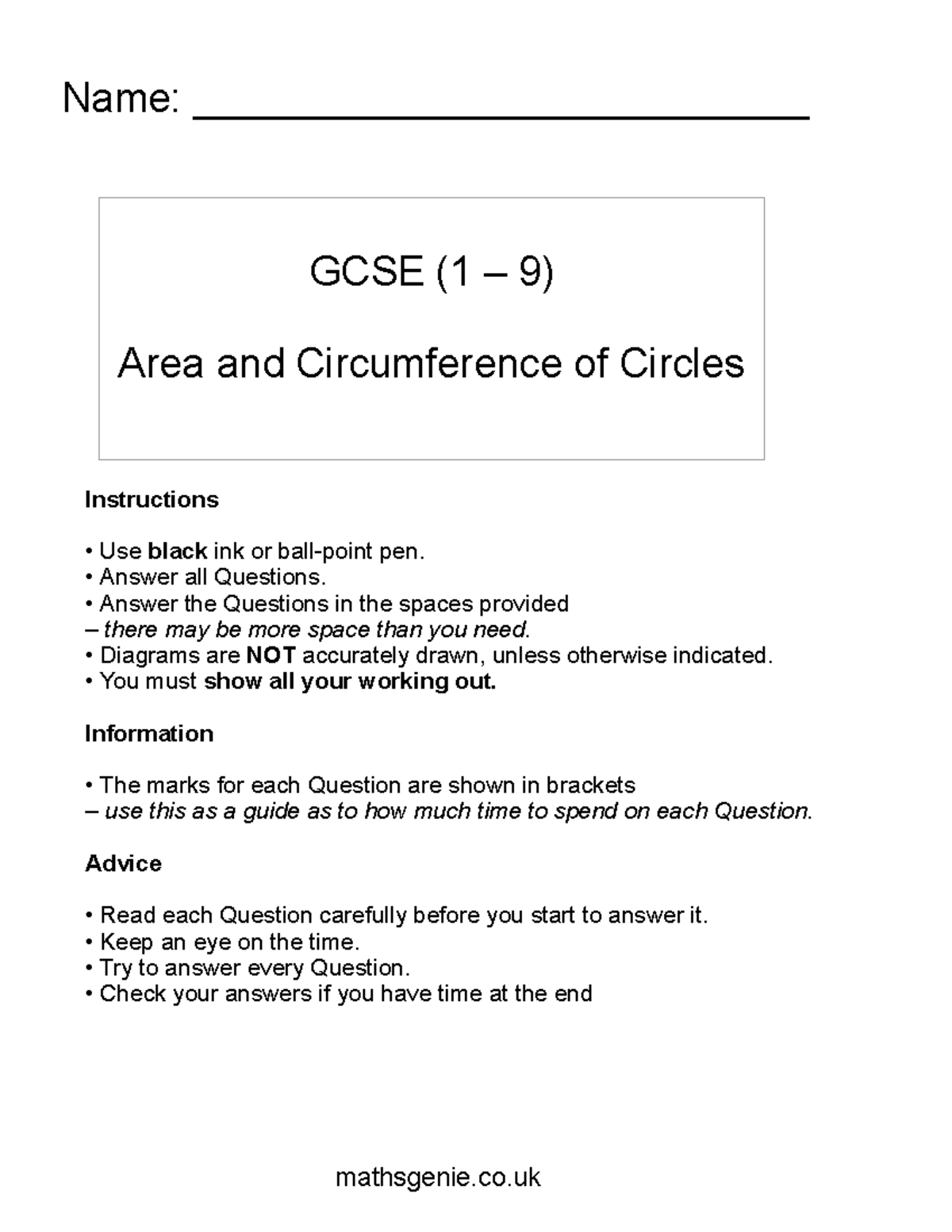 GCSE (1 9) Area and Circumference of Circles Practice Questions - Studocu