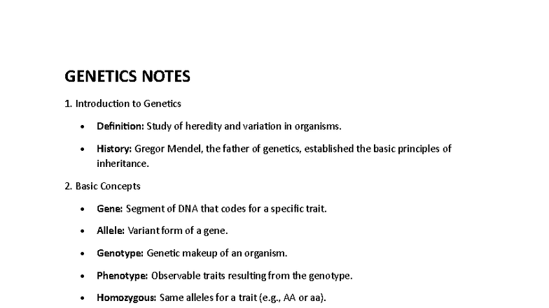 GEN 101: Comprehensive Genetics Notes and Key Concepts - Studocu