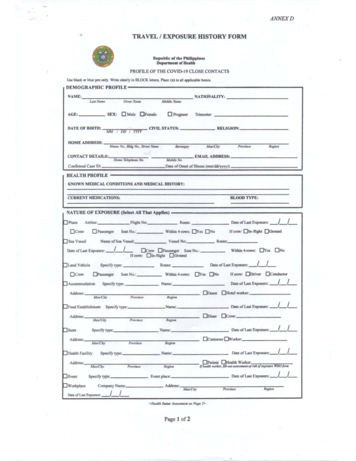 Health Declaration & Contact Tracing Form - Annex D - Studocu