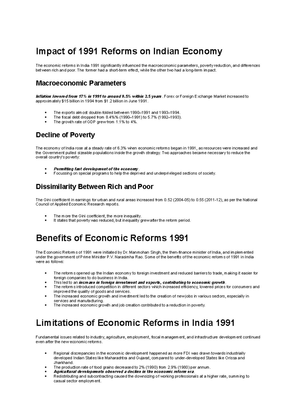 Economic Reforms 1991: Impacts on Indian Economy and Inequality - Studocu