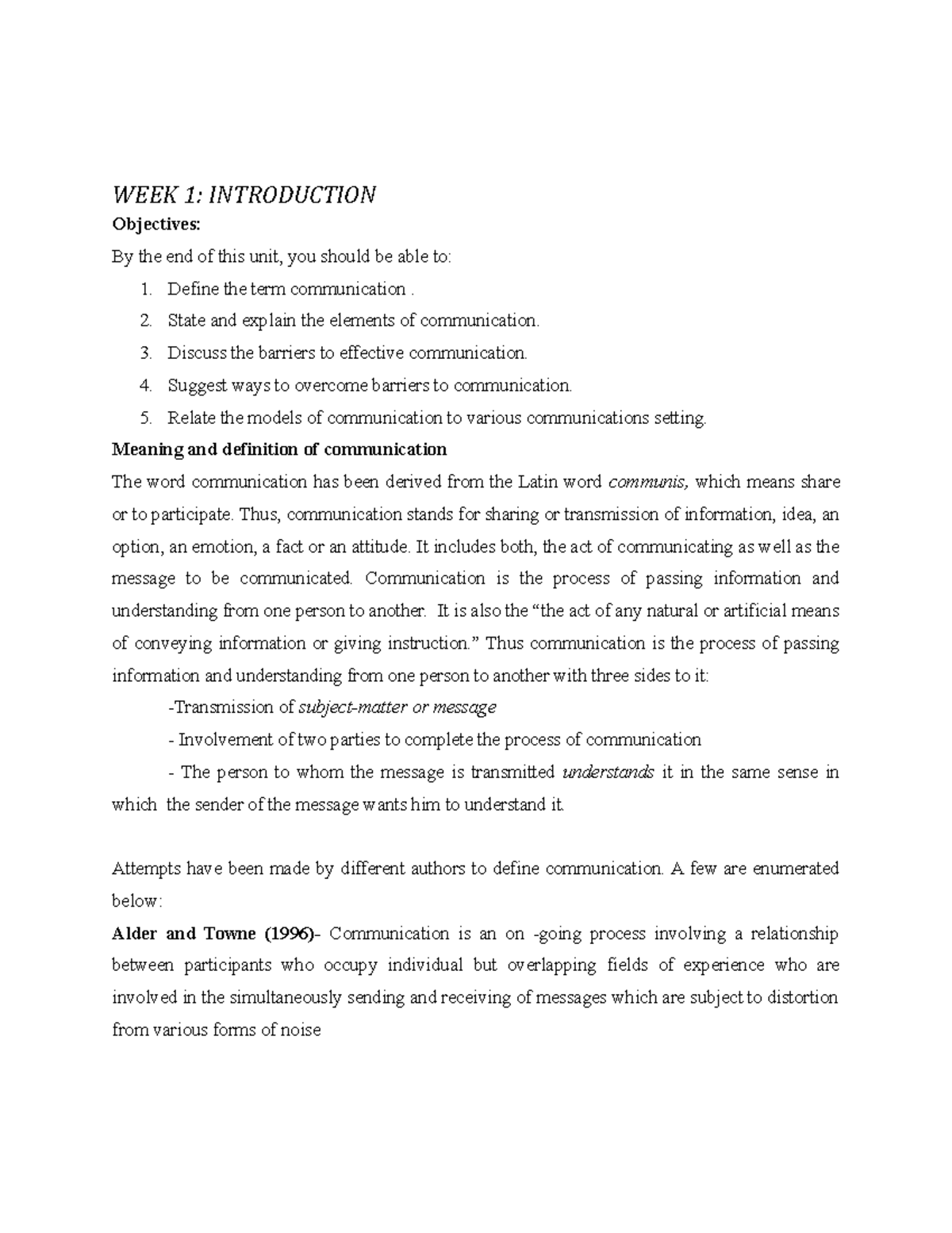 WEEK 1 Communication Skills: Introductory Notes & Key Concepts - Studocu