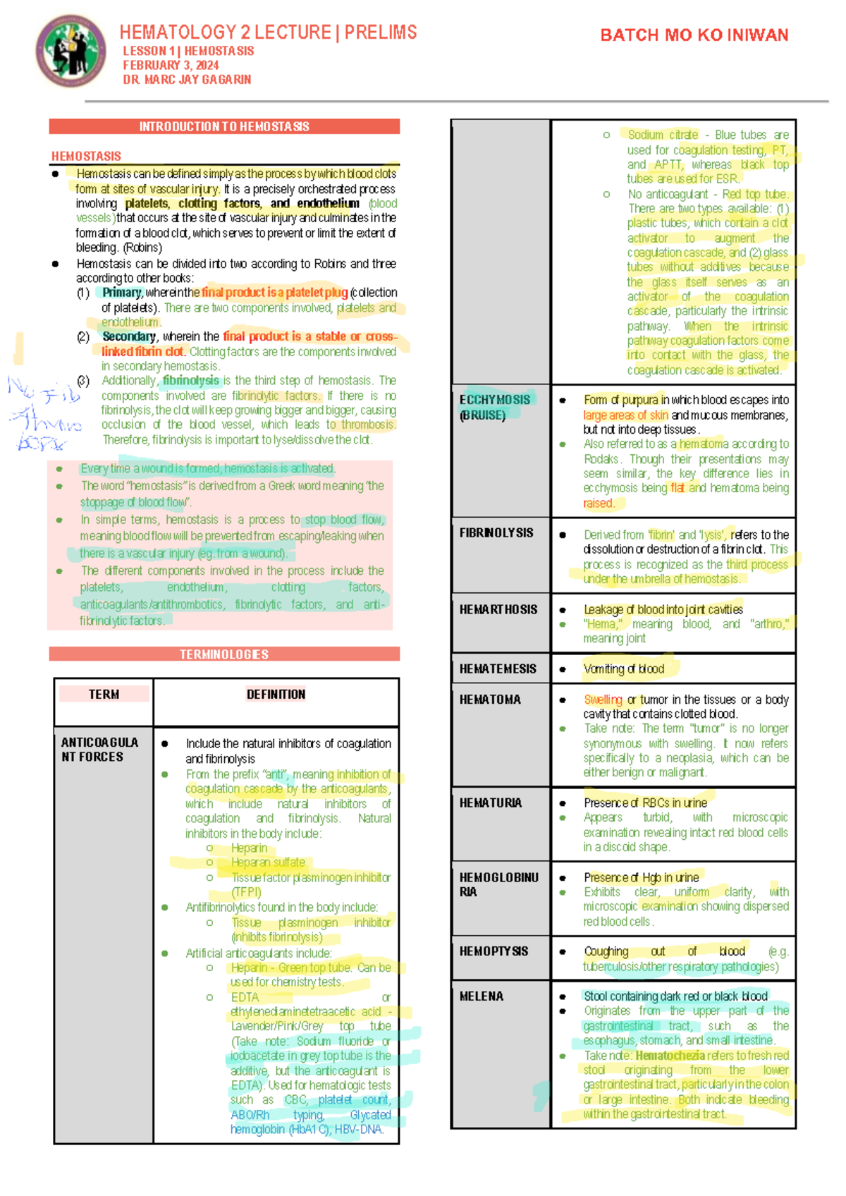 HEMATOLOGY 2 PRELIMS: LESSON 1 - HEMOSTASIS OVERVIEW - Studocu