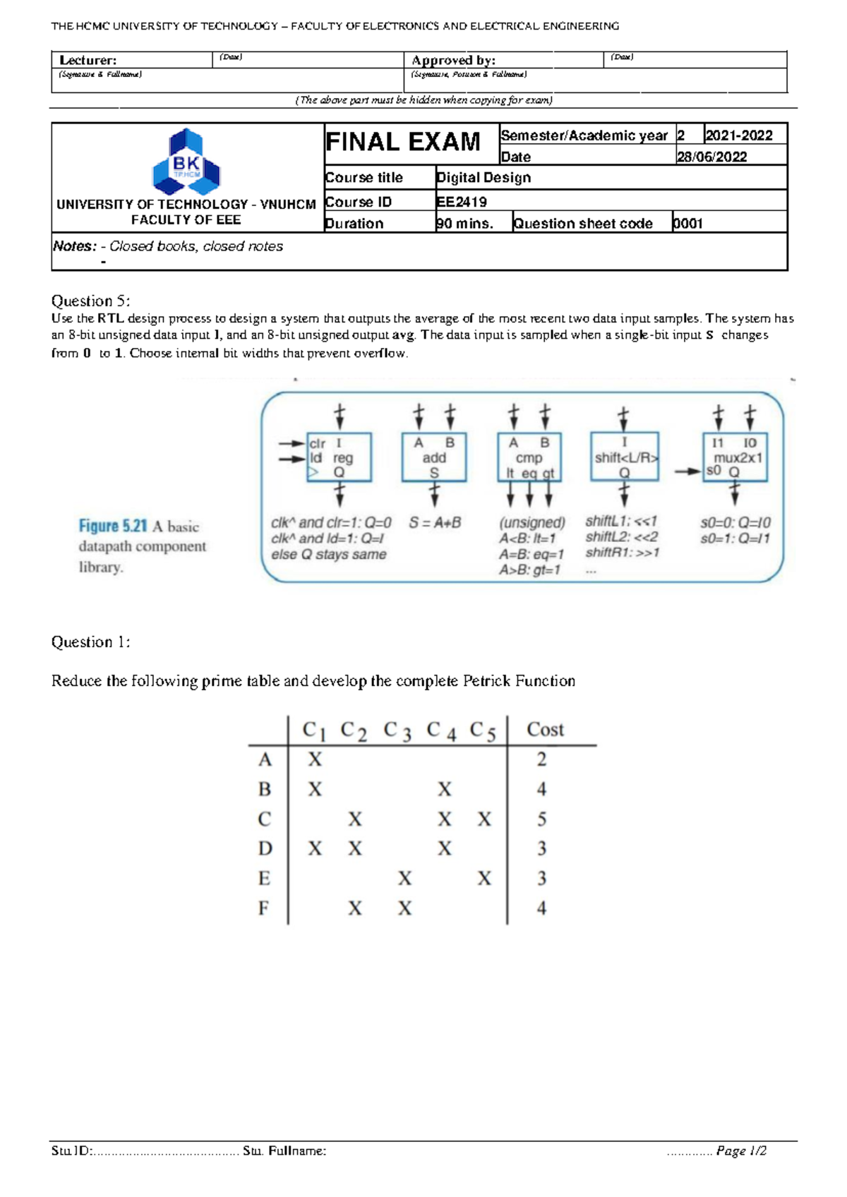 Sample Final Exam EE2419 - Digital Design Questions and Notes - Studocu