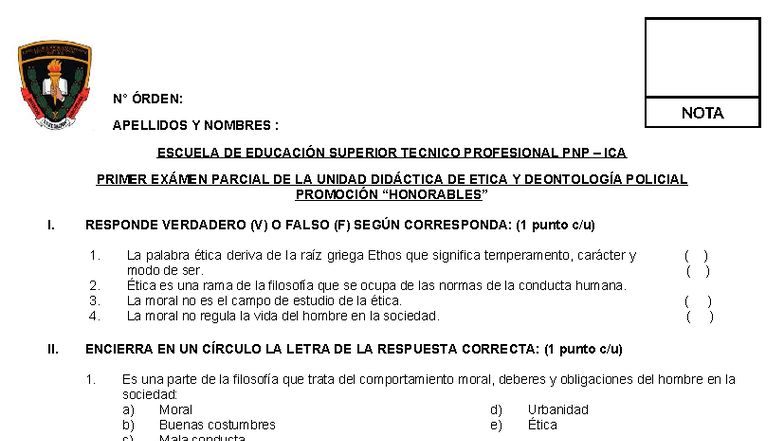 Ética y Deontología Policial: Primer Examen Parcial PNP 2023 - Studocu