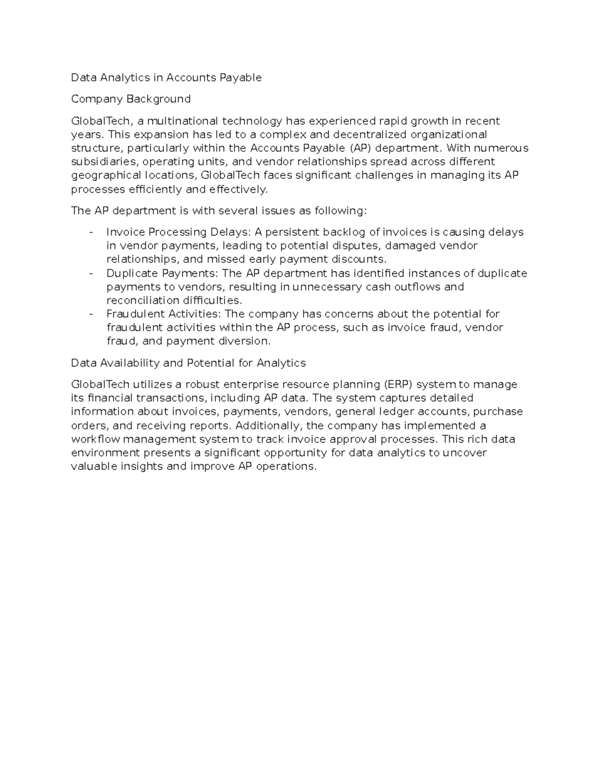 Data Analytics in Accounts Payable (Case Study) - Studocu