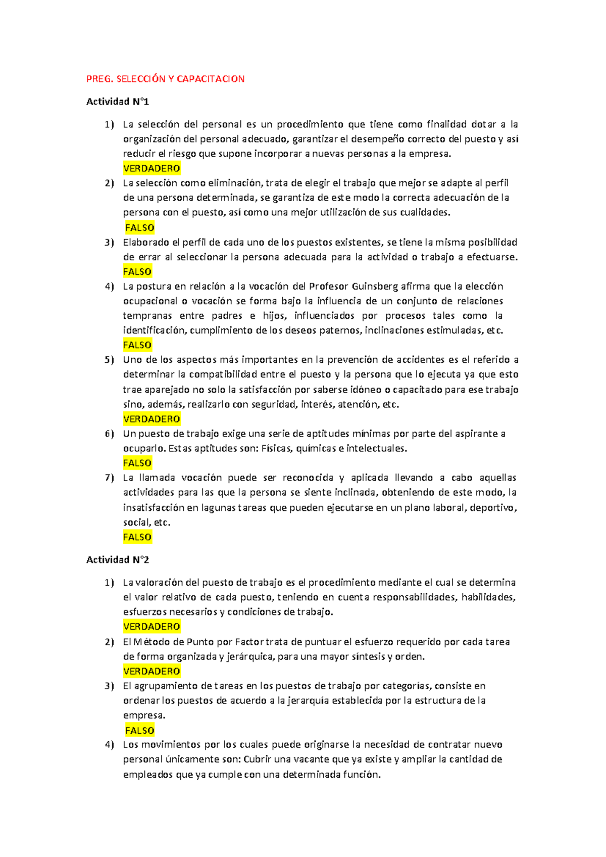 PREG. SELECCIÓN Y CAPACITACIÓN: Actividades y Evaluaciones - Document Preview