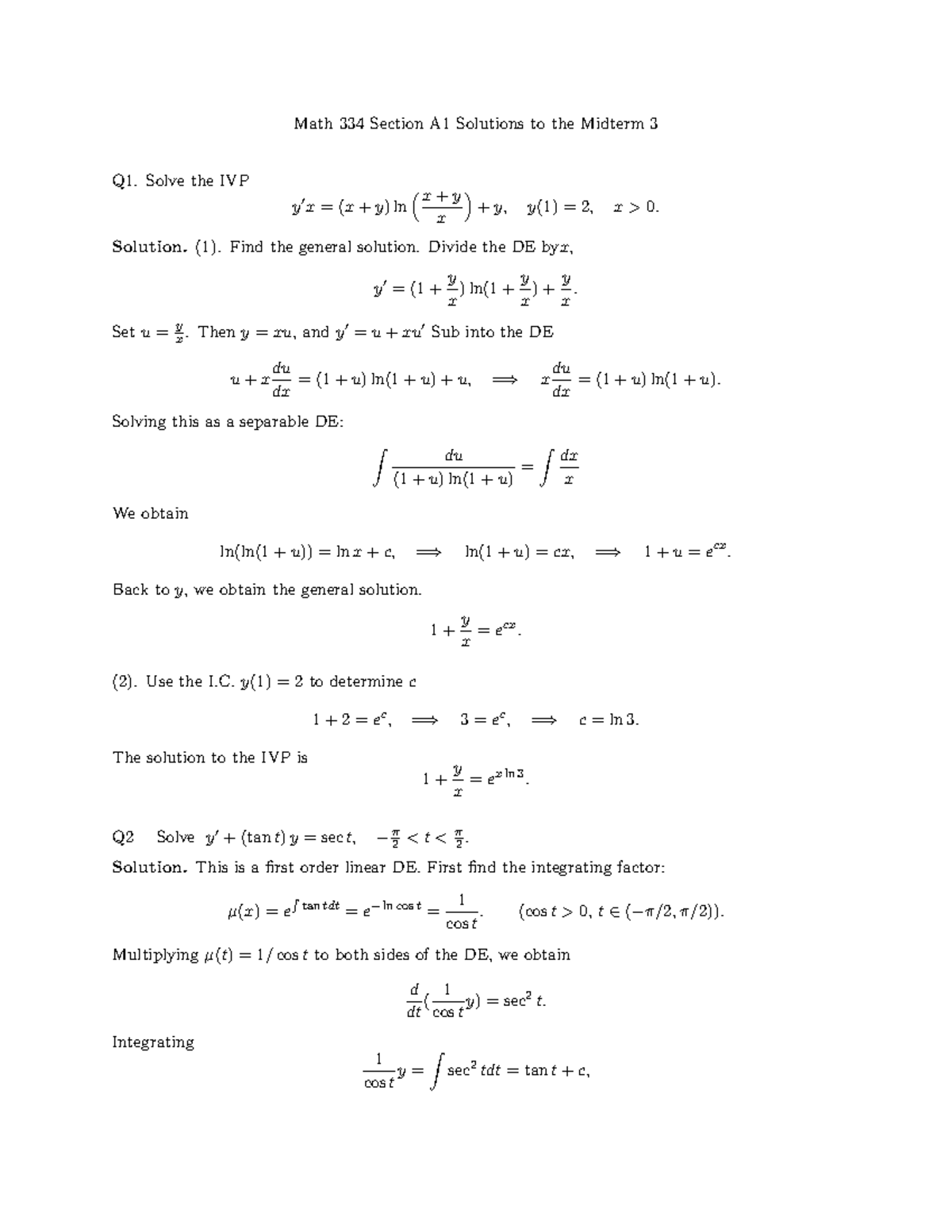 Math 334 A1 Midterm 3 Solutions: IVP and DE Problems - Studocu