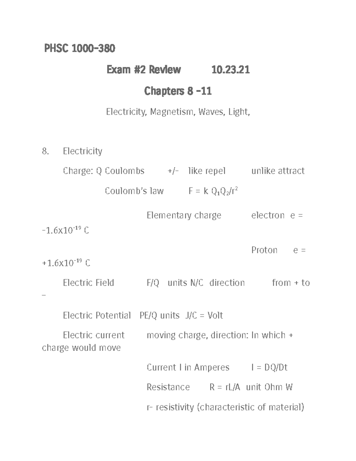 PHSC 1000-380 Final Exam Review: Electricity, Magnetism, Waves, Light ...