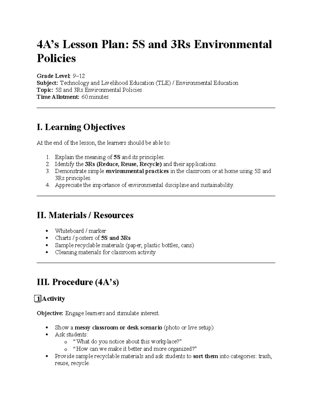 4A - Lesson Plan on 5S & 3Rs Environmental Policies - Studocu