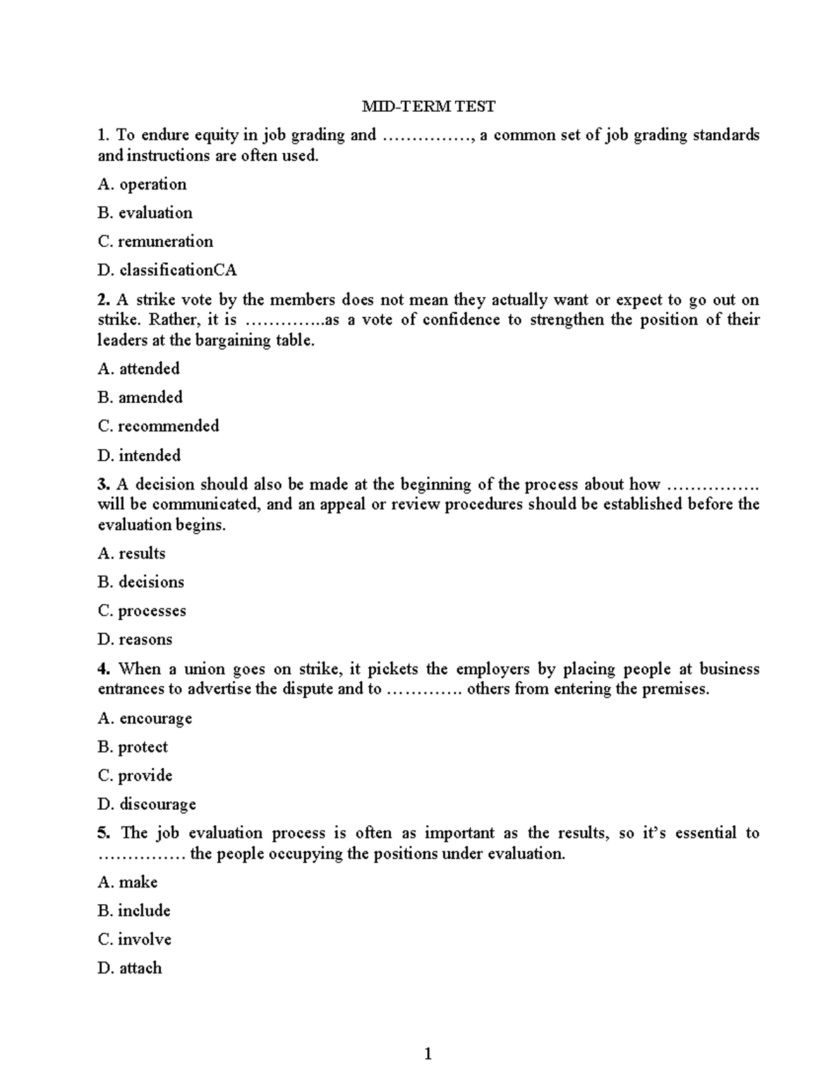 TEST 1: Job Evaluation and Labor Market Dynamics - CA Course - Studocu