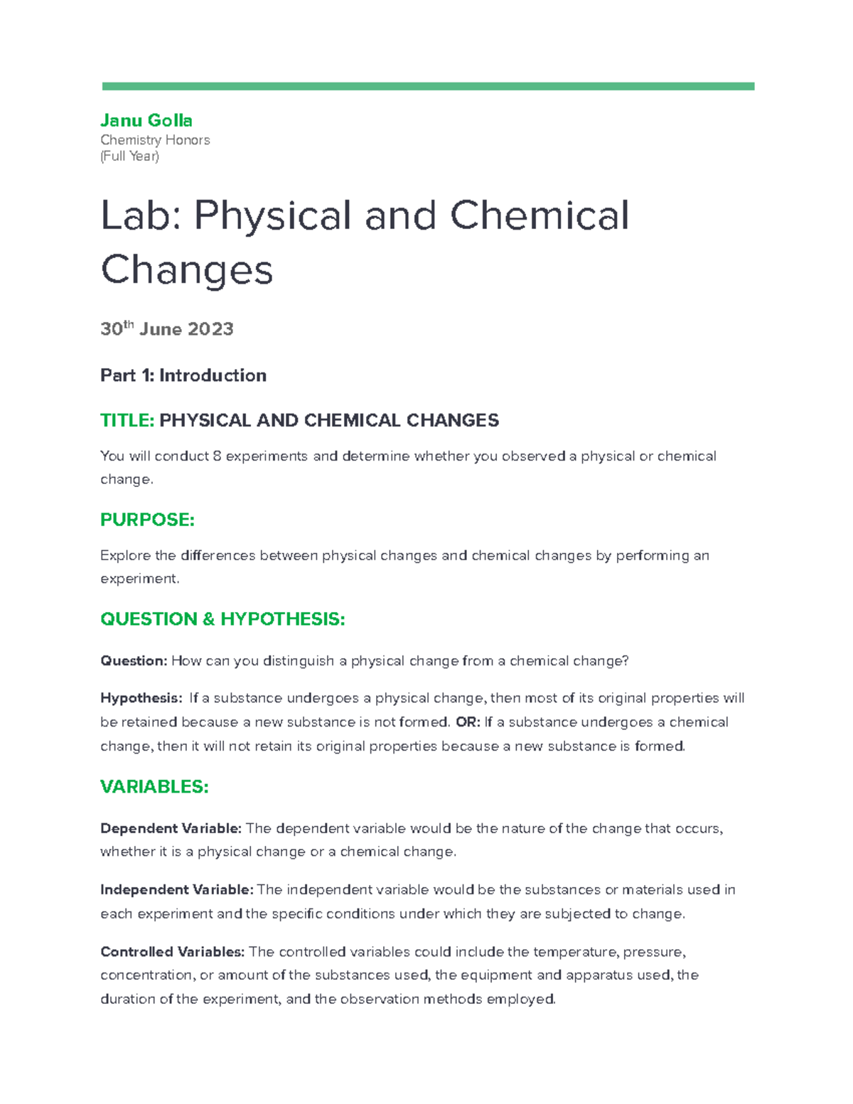 Lab Report: Physical and Chemical Changes (Chemistry Honors) - Studocu